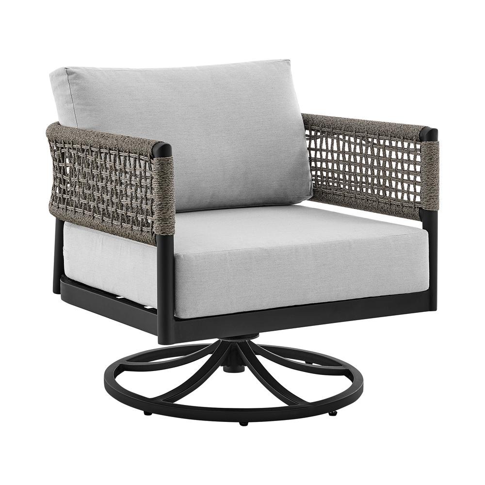 Felicia Outdoor Patio Swivel Rocking Chair in Black Aluminum and Grey Rope with Cushions