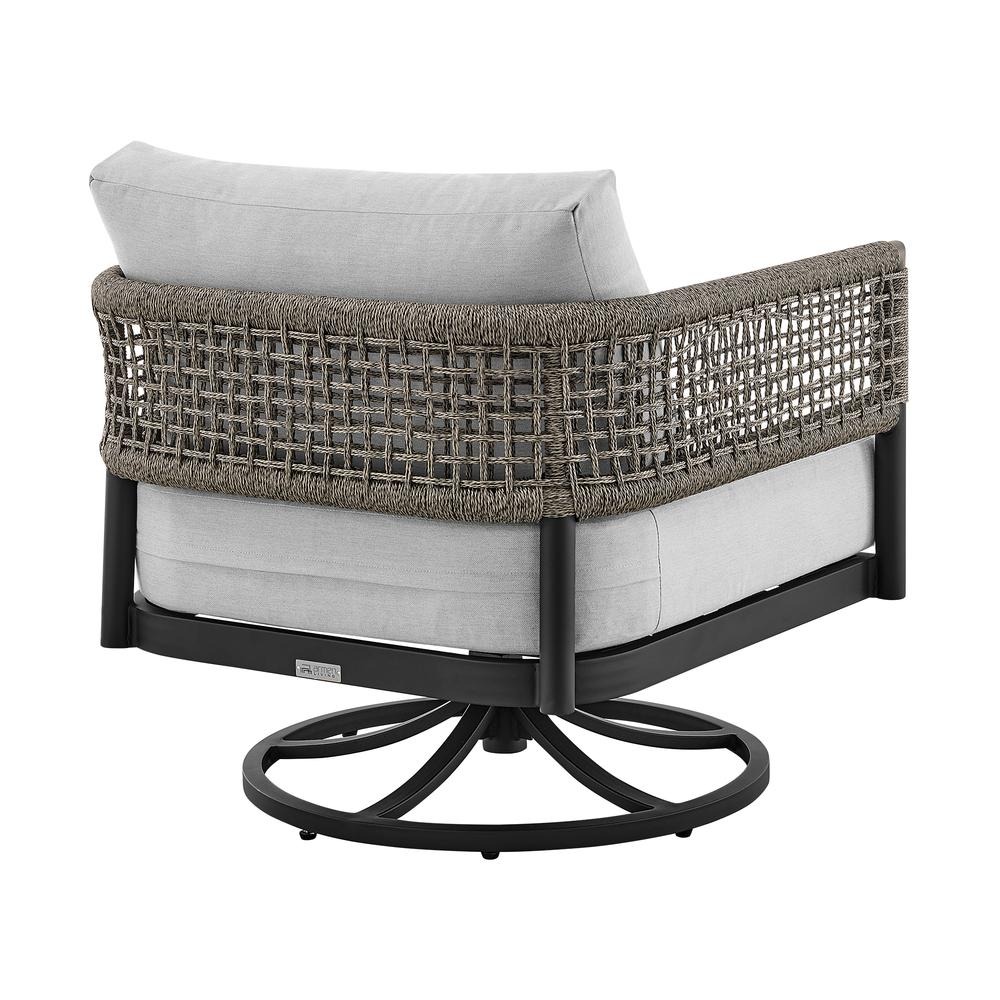 Felicia Outdoor Patio Swivel Rocking Chair in Black Aluminum and Grey Rope with Cushions