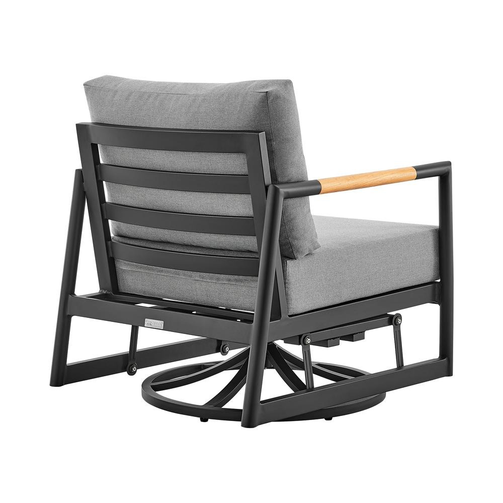 Royal Outdoor Patio Swivel Glider Lounge Chair in Black Aluminum and Teak Wood with Cushions