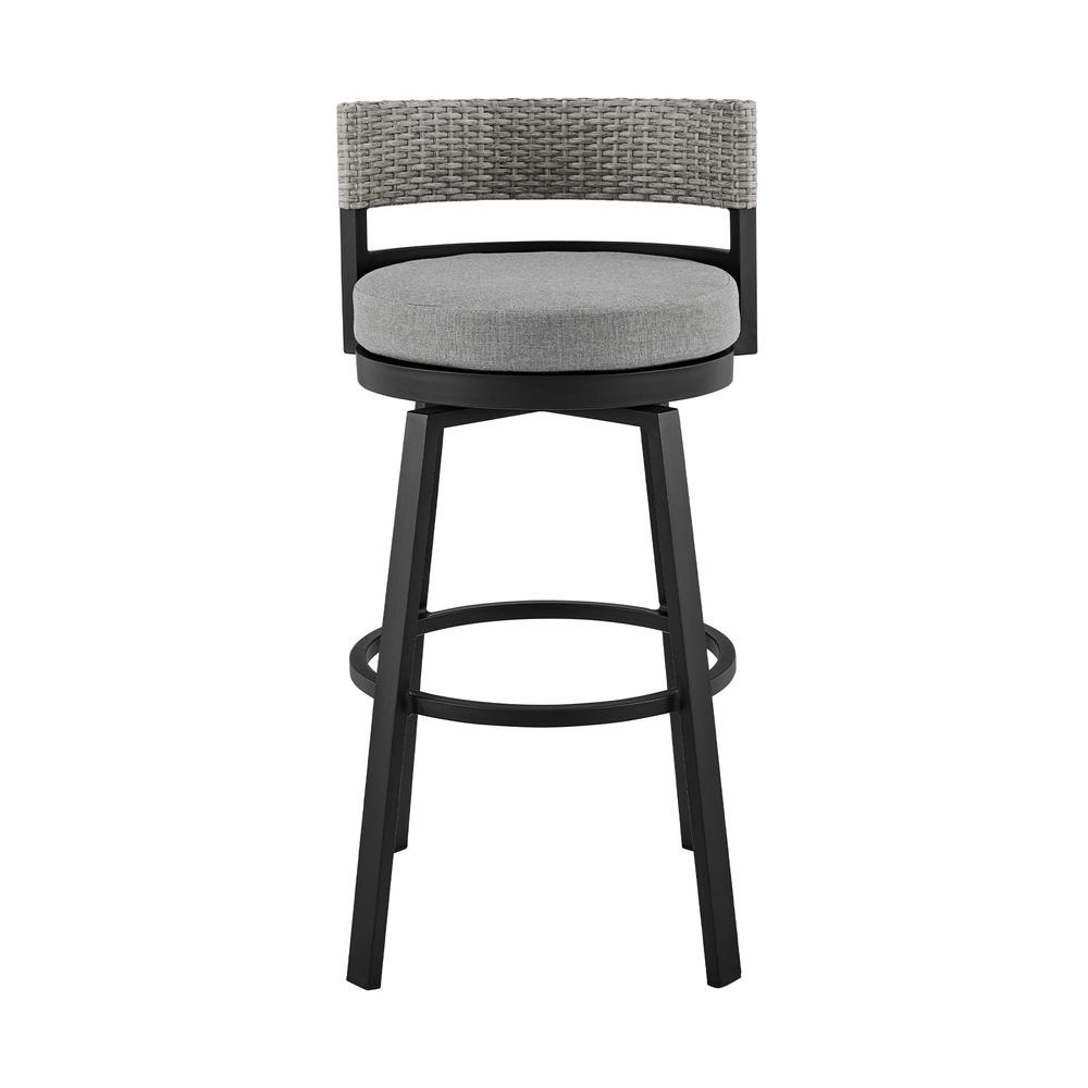 Encinitas Outdoor Patio Swivel Bar Stool in Aluminum and Wicker with Grey Cushions