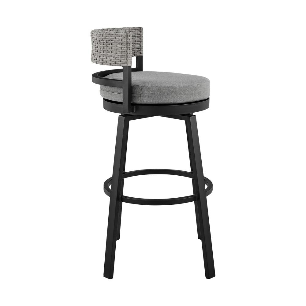 Encinitas Outdoor Patio Swivel Bar Stool in Aluminum and Wicker with Grey Cushions