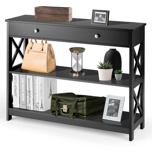 Console Table 3-Tier with Drawer and Storage Shelves-Black