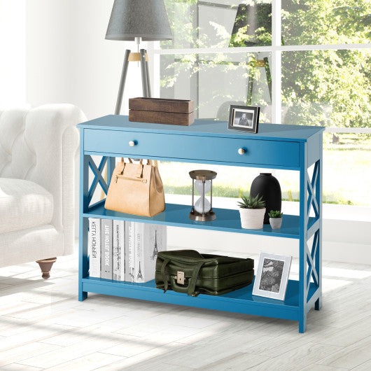 Console Table 3-Tier with Drawer and Storage Shelves-Blue