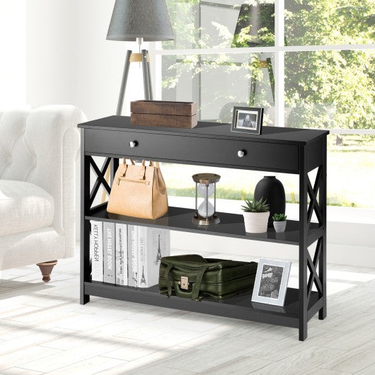 Console Table 3-Tier with Drawer and Storage Shelves-Black