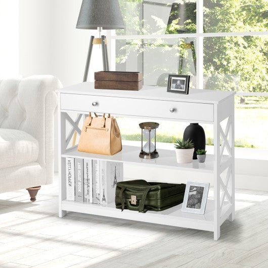 Console Table 3-Tier with Drawer and Storage Shelves-White