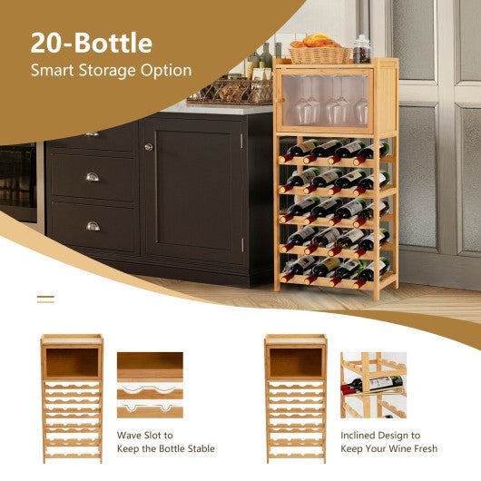 20-Bottle Freestanding Bamboo Wine Rack Cabinet with Display Shelf and Glass Hanger-Natural