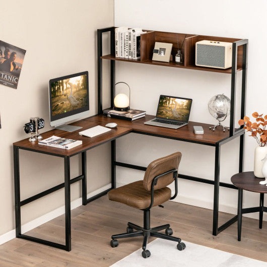 Reversible L-Shaped Corner Desk with Storage Bookshelf-Walnut