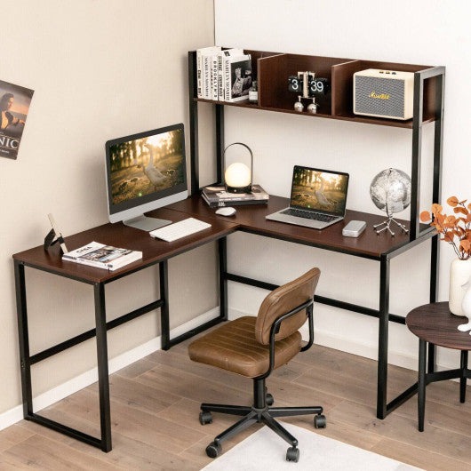 Reversible L-Shaped Corner Desk with Storage Bookshelf-Dark Brown