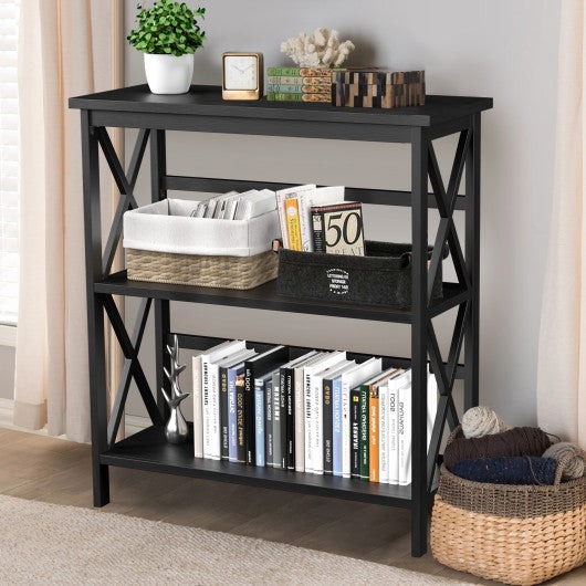 3-Tier Wooden Multi-Functional X-Design Etagere Storage Bookshelf-Black